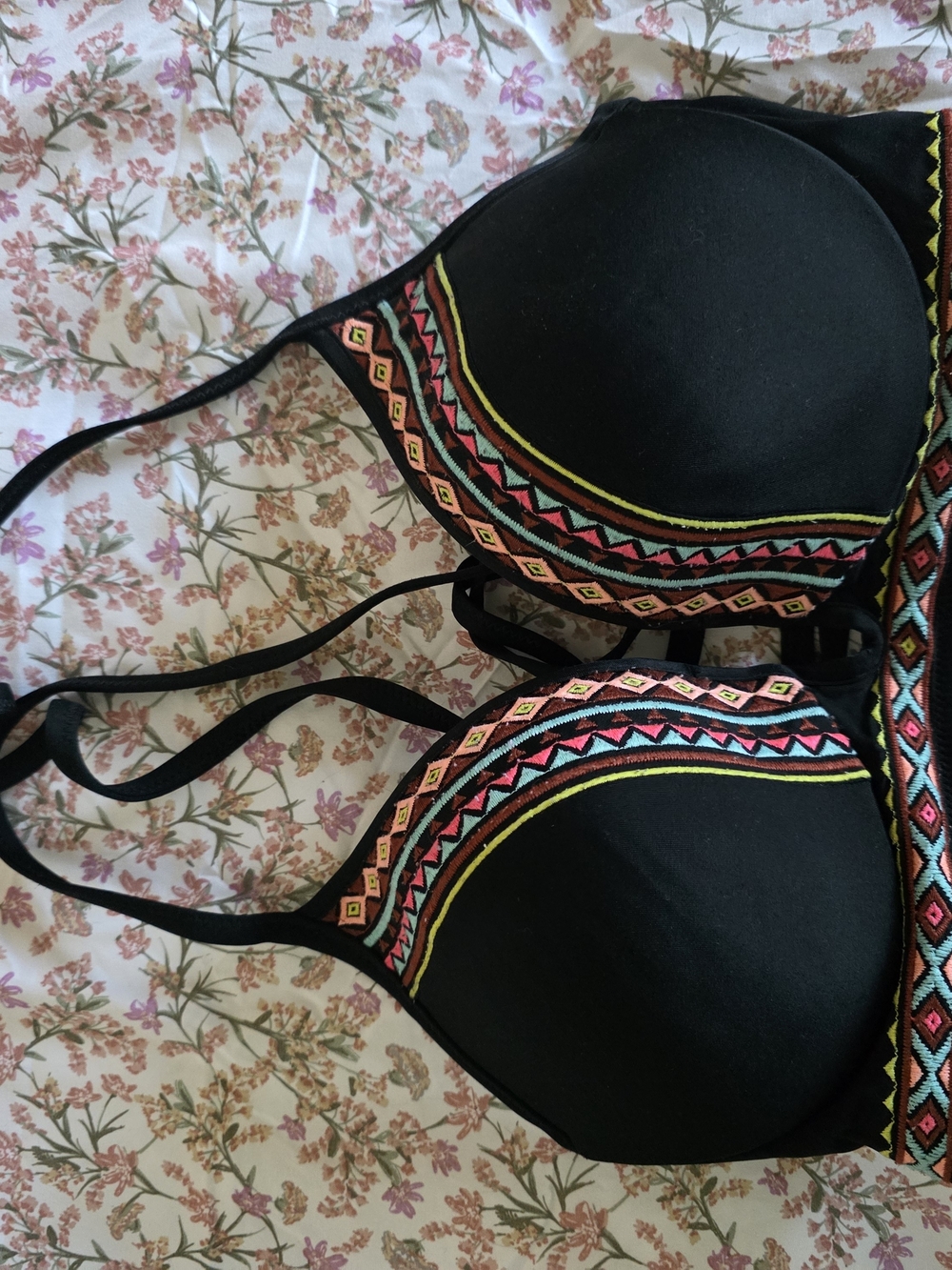 Shade & Shore Black Push-Up Bra with Neon Embroidered Trim